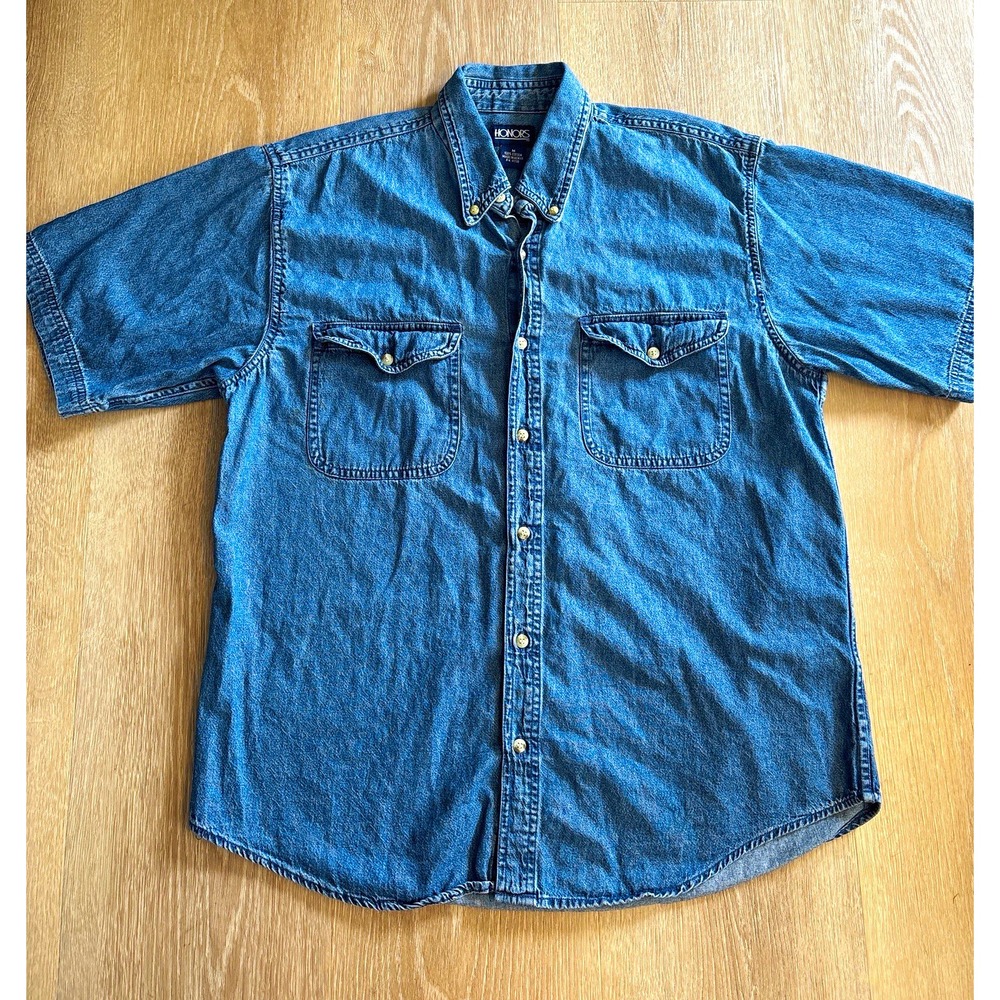 Vintage 90s Honors Men's 100% Cotton Short Sleeve Denim Shirt Double Pockets